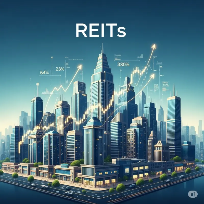 고층빌딩위에 주식그래프가 보이고 REITS 글씨가 쓰여 있음