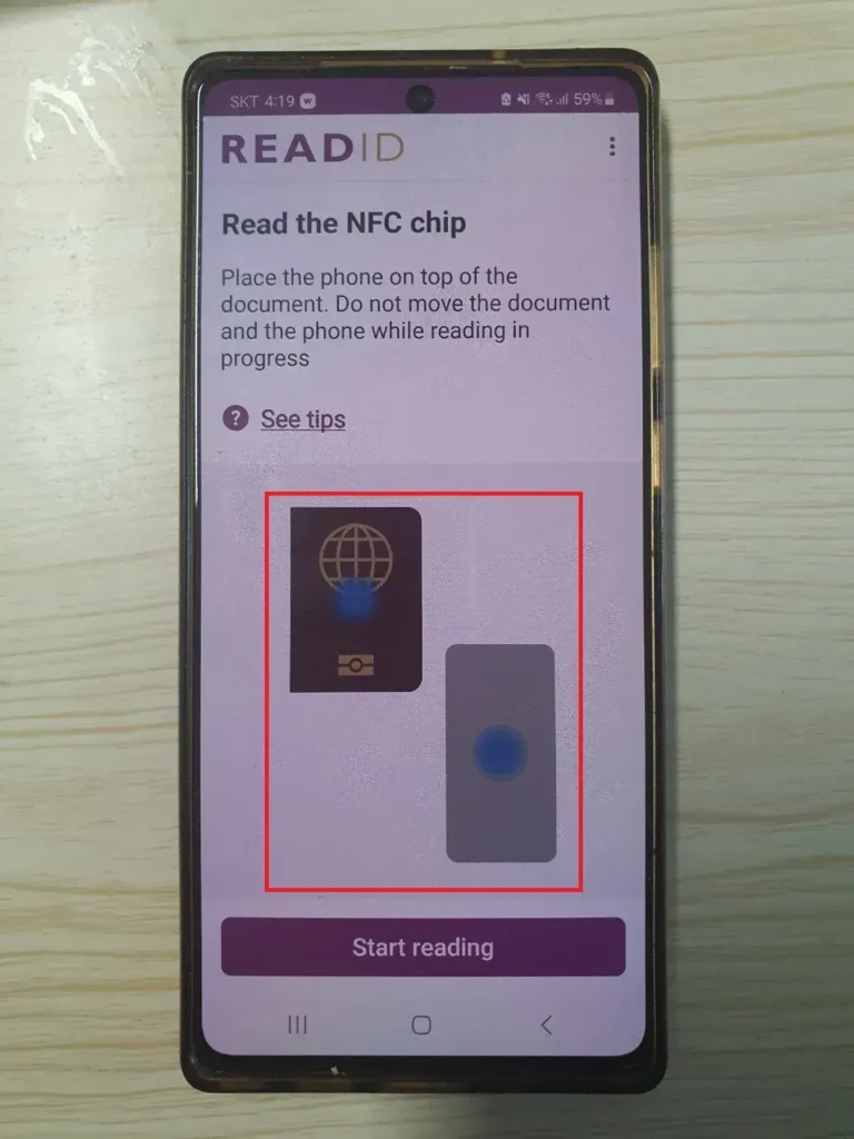 ReadID Me에서 여권 전자칩 인식 작업