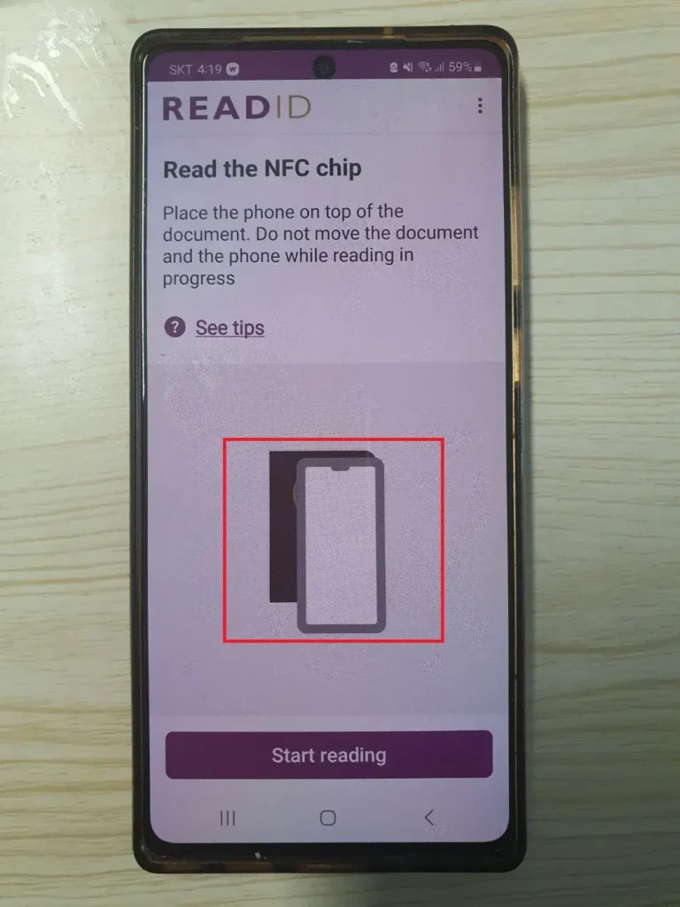 ReadID Me에서 여권 전자칩 인식 작업