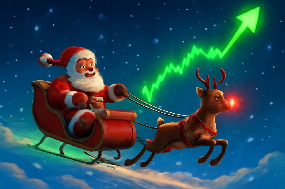 산타클로스가 루돌프와 함께 썰매를 타고 눈속을 달리면서 하늘로 올라가는 모습과 주식이 우상향 하는 그래프가 겹쳐있는 모습