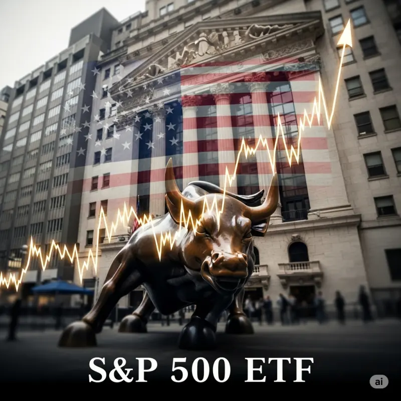 월스트리트 황소상과 미국국기에 S&P500이란 글이 있음