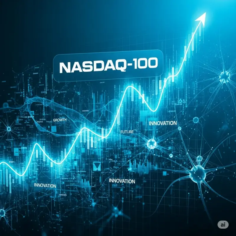 nasdaq100 technic 주식을 문자와 함께 주식 화살표 방향으로 올라가고 있음