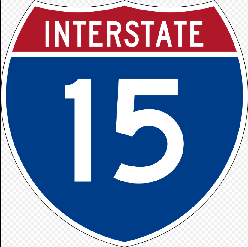 라스베가스에서 15번 고속도로를 타고 출발하였음 붉은색과 파란색으로 혼합된 바탕에 INTERSTATE 15번 이라고 쓰여있음