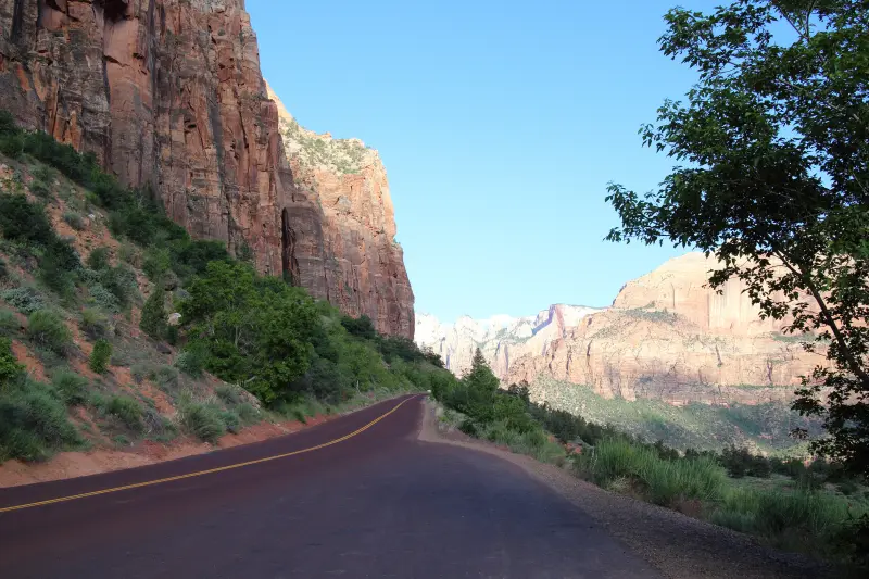 Zion National Park 안에 있는 도로가 보이며 도로 양 옆으로는 산이 보임