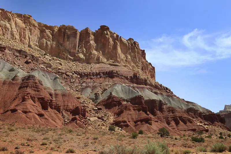 Capitol Reef Park의 절벽으로 여러 단층으로 흙이 쌓여 있음