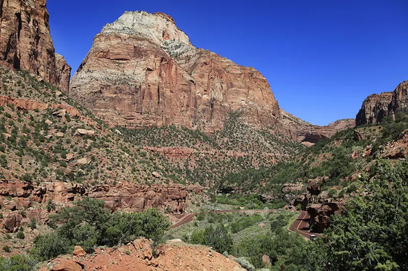 Zion National Park 안에 있는 도로가 보이며 앞에는 높은 산이 보임