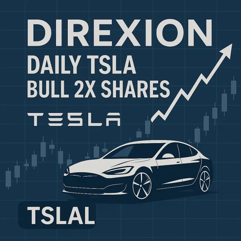 DIREXION DAILY TSLA BULL 2X의 우상향 그래프와 테슬라 자동차와 같이 있음