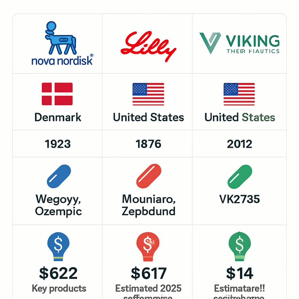A clean, modern infographic comparing Novo Nordisk, Eli Lilly, and Viking Therapeutics as top global obesity drug producers. Include for each: headquarters country (with flag), founding year, key products (e.g., Wegovy, Ozempic, Mounjaro, Zepbound, VK2735), and 2025 estimated market cap (in billion USD). Use color-coding and minimal icons for pharmaceuticals, innovation, and revenue scale