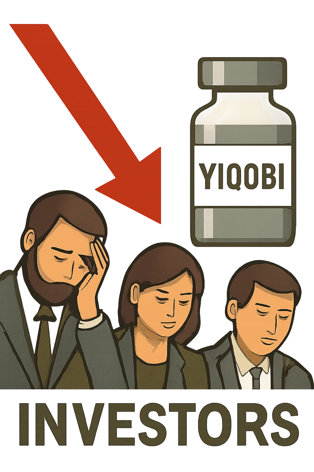 노보 노디스크 기업 로고와 붉은 하락 화살표, 위고비 약병, 침통한 투자자들의 모습이 함께 있는 그래픽 일러스트