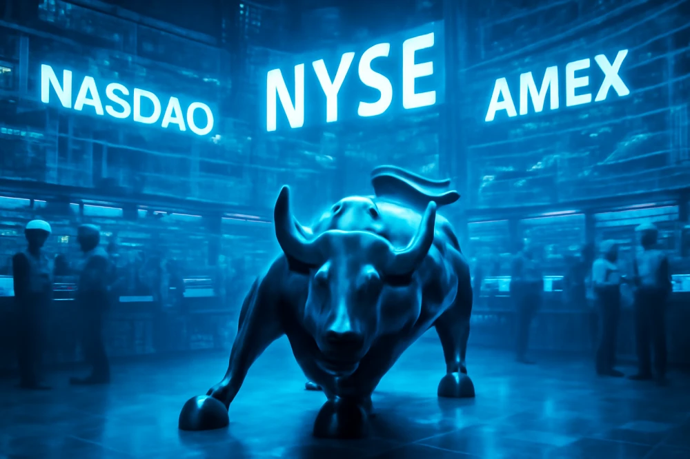 월가 황소상이 거래소 메인 플로어에 자리 잡고, 상단에는 주가 데이터와 차트, NYSE·NASDAQ·AMEX 로고가 반투명하게 합성된 디지털-클래식 융합 이미지. 활기찬 블루 라이트 효과