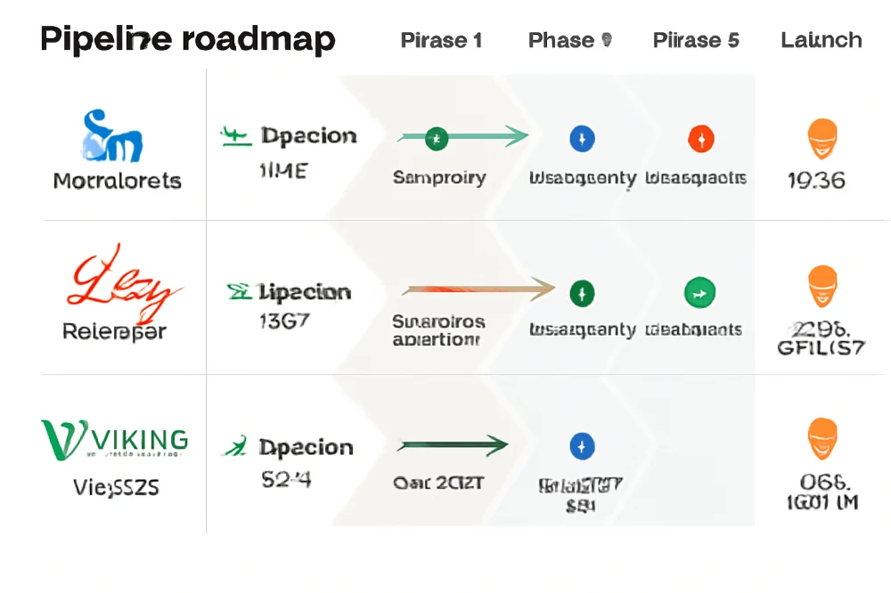 A detailed pipeline roadmap illustration showing the obesity drug development stages for the three companies. Visually represent injection drugs (current) and next-generation oral pills (in clinical stages), with arrows marking expected oral drug launch in 2026. Include icons for clinical phases and innovation milestones, with company logos for each segment.