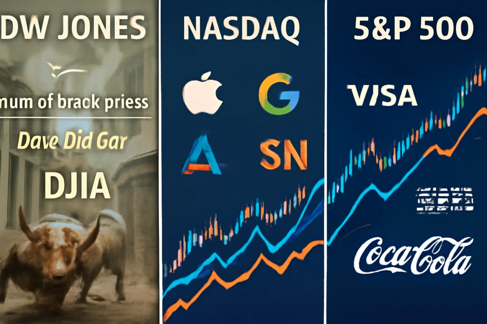 S&P500·나스닥·다우존스 지수 3대 지수가 나란히 비교되는 인포그래픽 스타일
