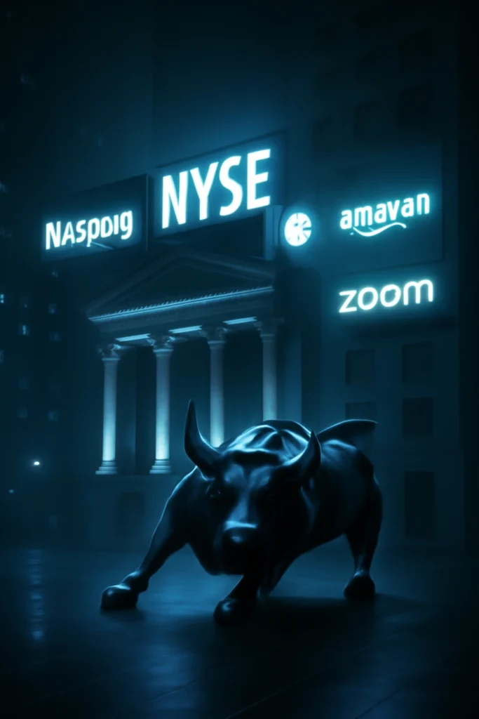 고전적인 NYSE 건물 앞에 월가 황소상, 도로 위는 전광판에 NASDAQ, AMEX 로고와 애플, 아마존, 줌 등 혁신 기업 로고가 교차로 떠 있는 풍경
