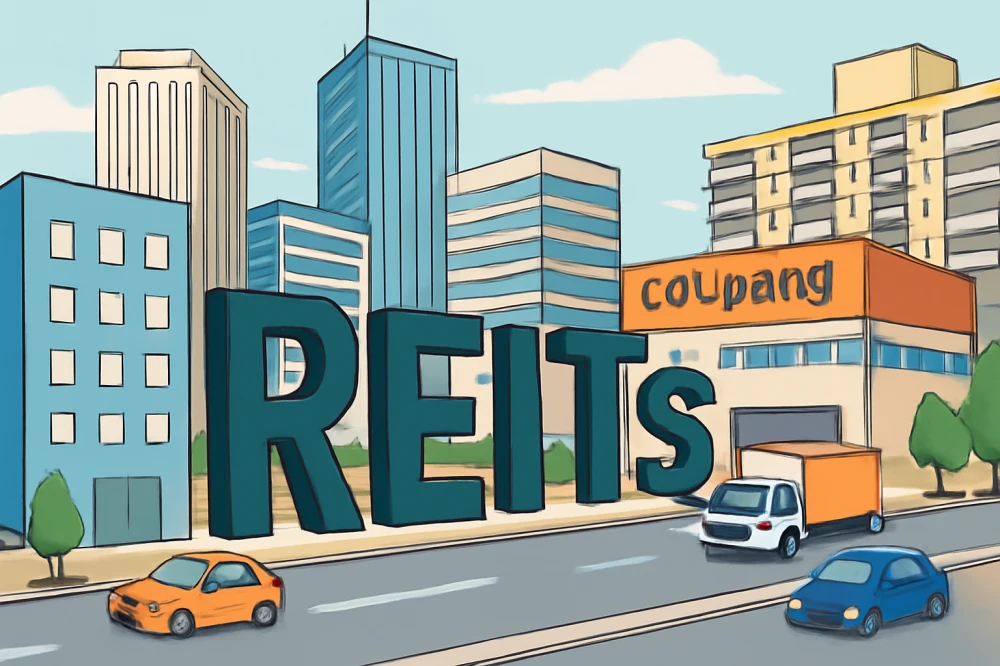REITs 텍스트와 각종 신형 건물과 쿠팡 배송건물 등이 어울려져 보이며 분주한 이미지