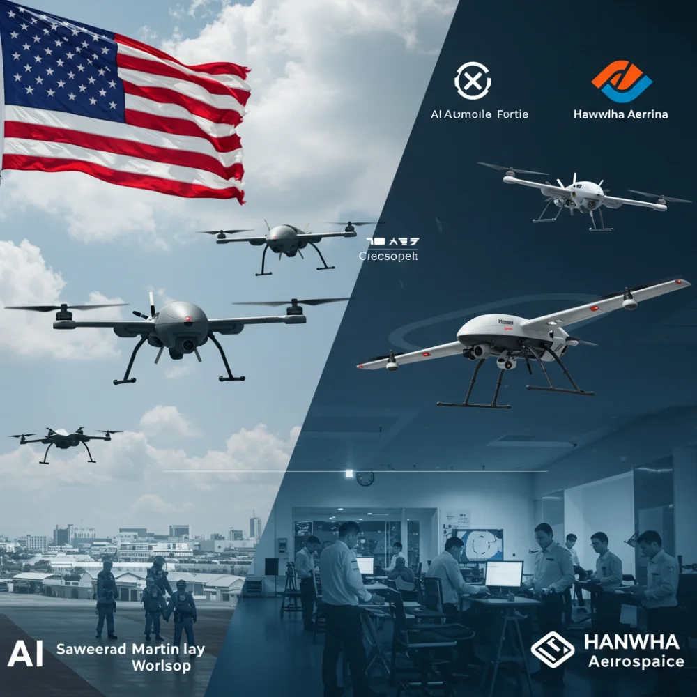 미국과 한국 국기가 함께 배경으로 깔리고, Lockheed Martin, 한화에어로스페이스 등 각국 대표 드론 기업 로고가 합쳐진 상태에서 군집 드론, AI 자율비행 드론, 워크숍 장면이 펼쳐진 그래픽 이미지