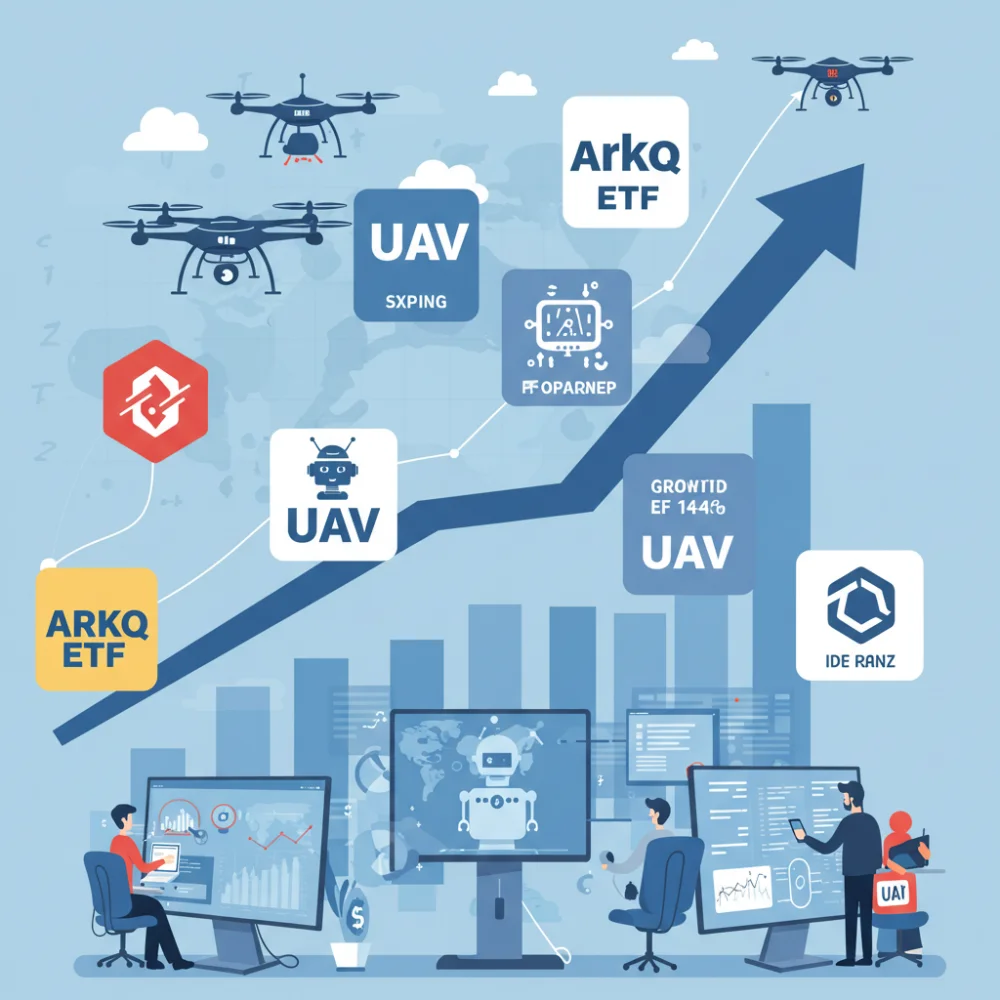 드론, 로봇, AI 아이콘과 함께 상승하는 주식 그래프, 다양한 글로벌 ETF 로고(ARKQ, UAV 등), 투자자들이 성장 테마 ETF를 모니터로 분석하는 밝고 심플한 스타일의 인포그래