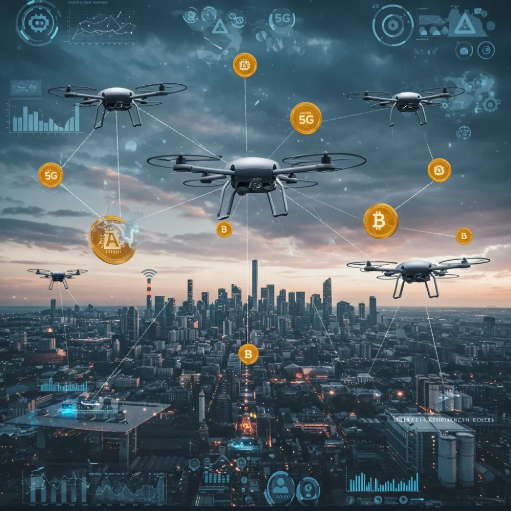 하늘에 떠있는 드론들이 AI 코어, 5G 신호, 빅데이터 시각화 그래픽(네트워크, 데이터 흐름 등)으로 연결되어 있고, 멀티플 미래도시 풍경 위에서 드론들이 스마트시티와 산업 현장 전반에 작동 중인 판타지적 장면
