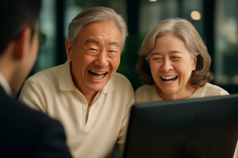 민생지원 소비쿠폰을 중년의 부부가 상담하면서 환하게 웃고 있음