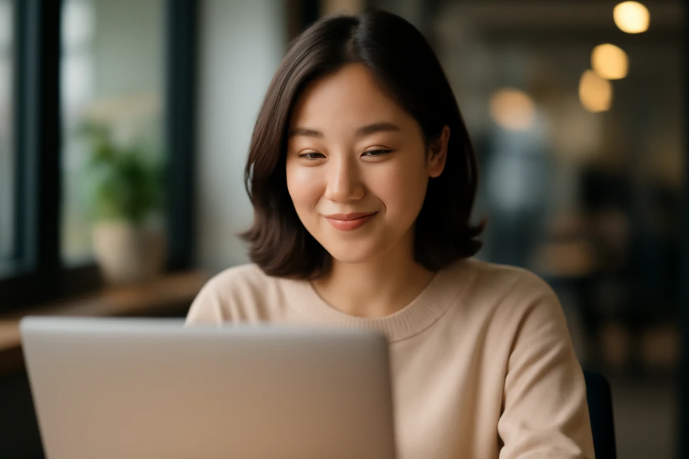 민생지원 소비쿠폰을 젊은 여성이 컴퓨터를 통하여 신청하면서 환하게 웃고 있음