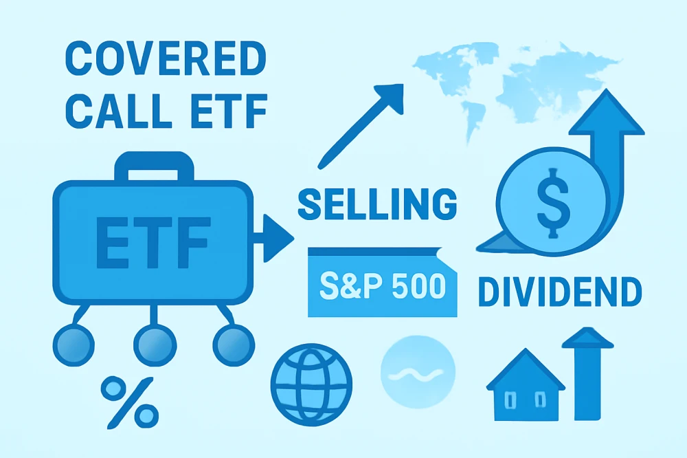 커버드콜 전략을 시각적으로 표현한 ETF 구조 다이어그램, S&P500 옵션 매도 화살표 포함