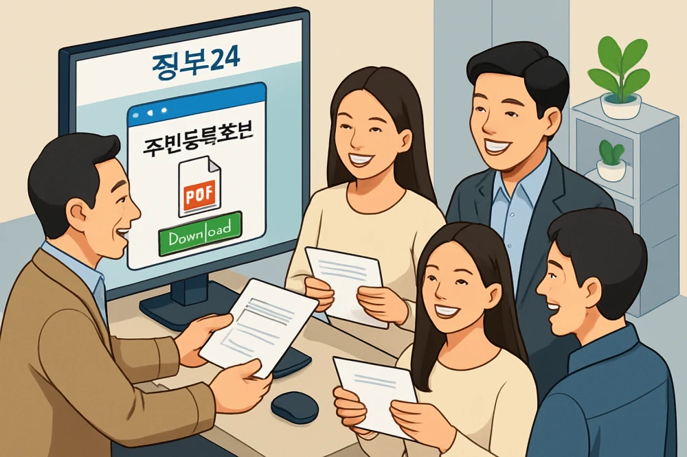 정부24 웹사이트에서 주민등록등본을 PDF로 다운받는 모습을 아이소메트릭 스타일로