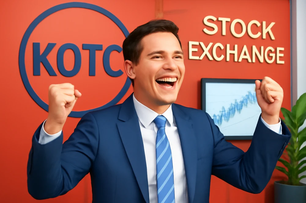 자금조달에 성공한 중소·벤처기업 CEO가 KOTC 시장을 배경으로 기뻐하는 모습