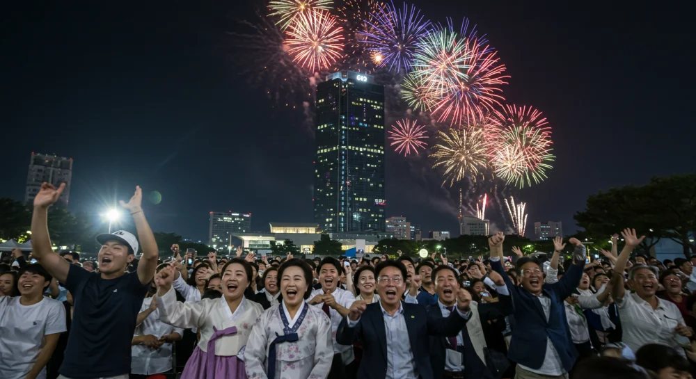 불꽃의 화려함을 보고 즐거워하고 있는 시민