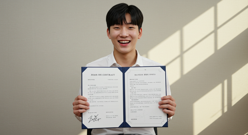 계약서를 보고 즐거워하는 청소년