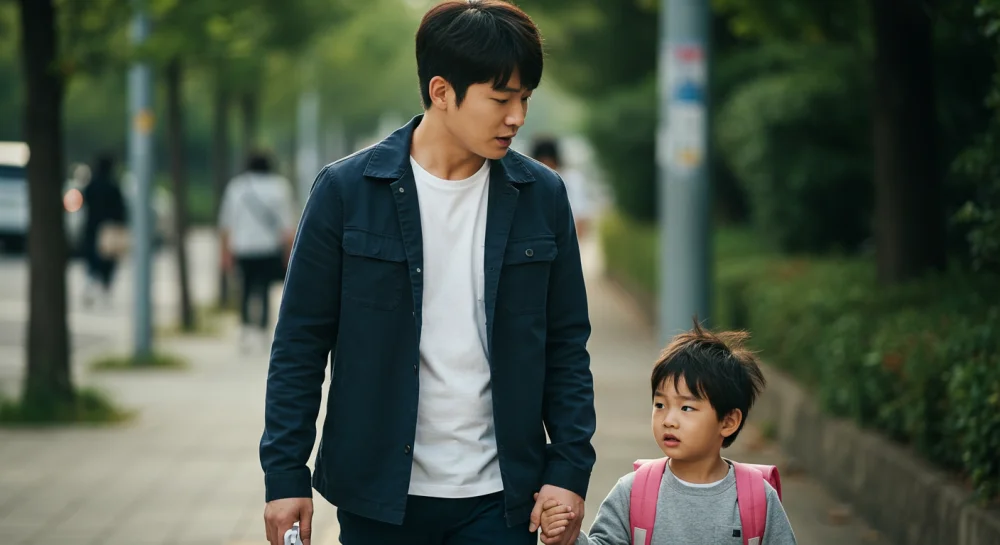아빠의 손을 잡고 길을 걷고 있는 아이
