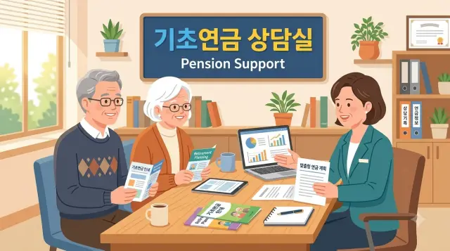 기초연금 상담을 받는 노부부와 상담원