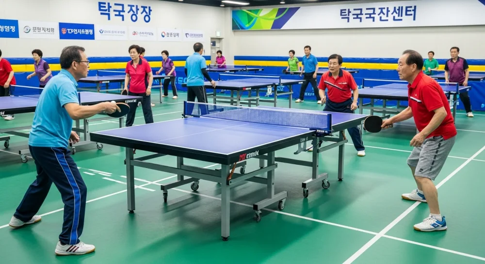 어르신 스포츠 상품권을 이용하여 탁구를 즐기는 광경
