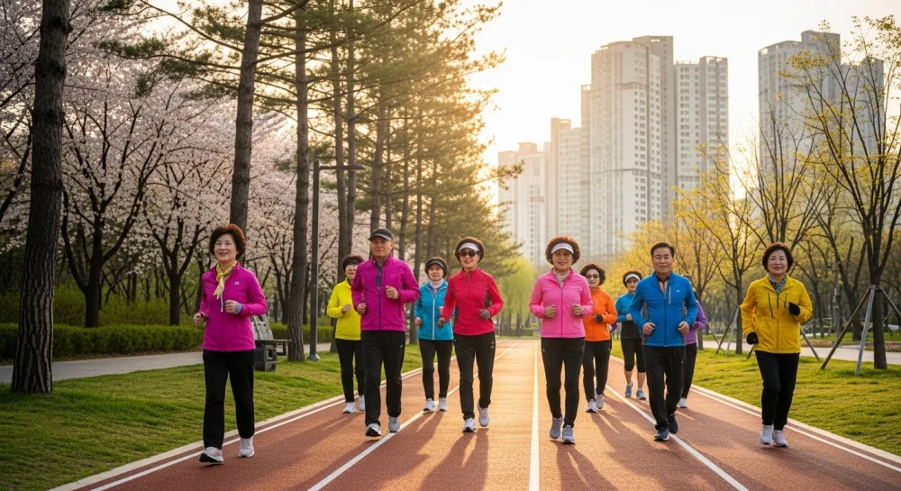 어르신이 조깅을 하며 트랙을 돌고 있음