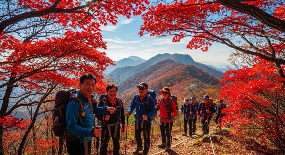 화려한 단풍에 환호하는 관광객