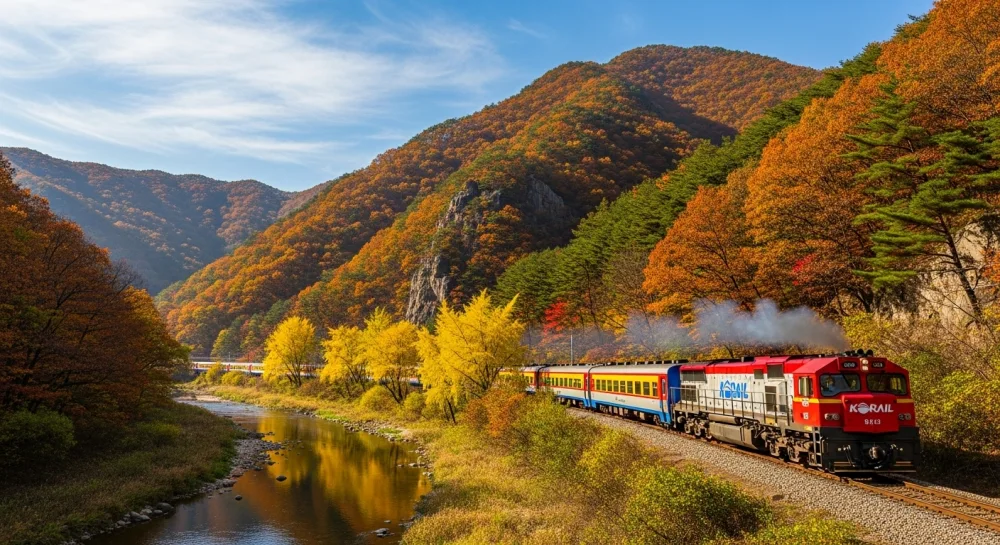 기차를 타고 달리는 단풍산