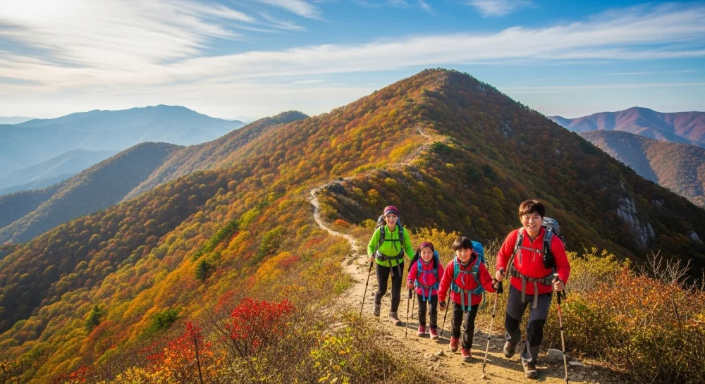 가족끼리 화려한 능선을 따라 등산중