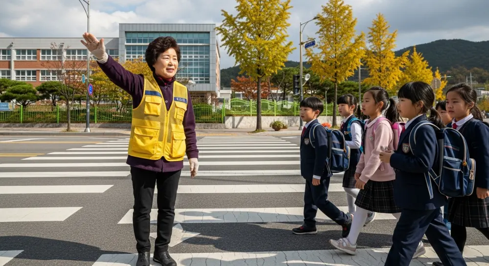 아이들 교통정리를 하는 노인일자리