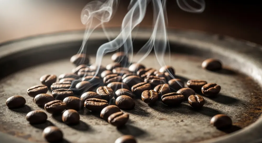 커피 원두의 김이 나는 광경