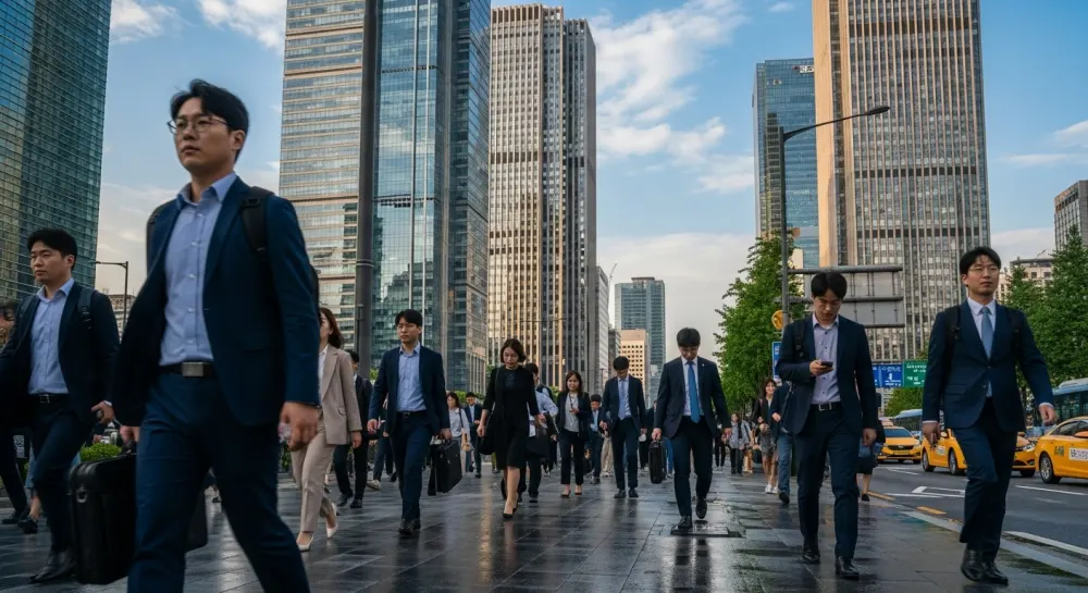 여의도 금융가를 바쁘게 출근하는 직장인