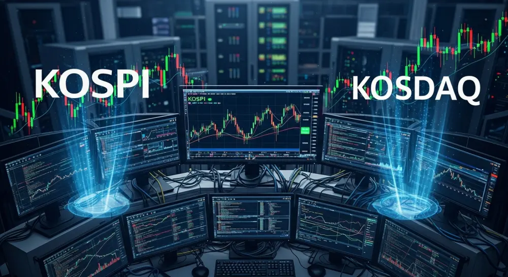 주식시장의 이미지와 전산 시스템의 광경