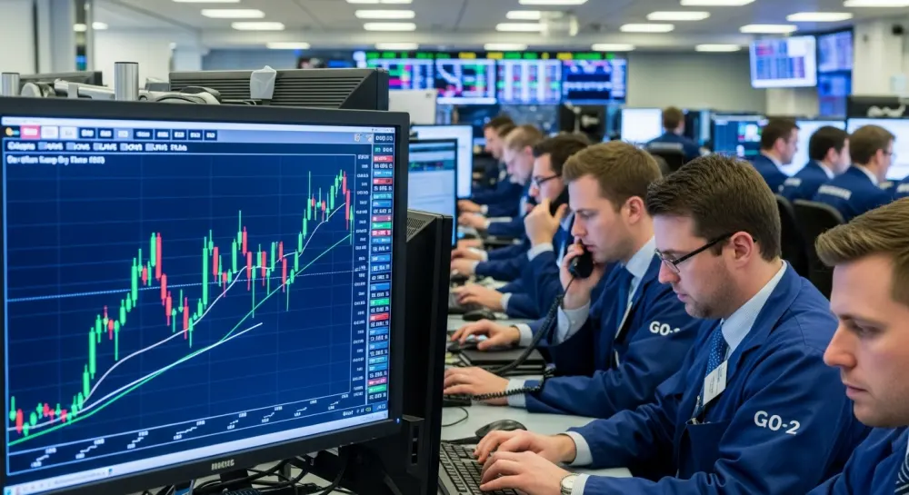 중개인들이 차트를 보며 트레이는 하는 광경