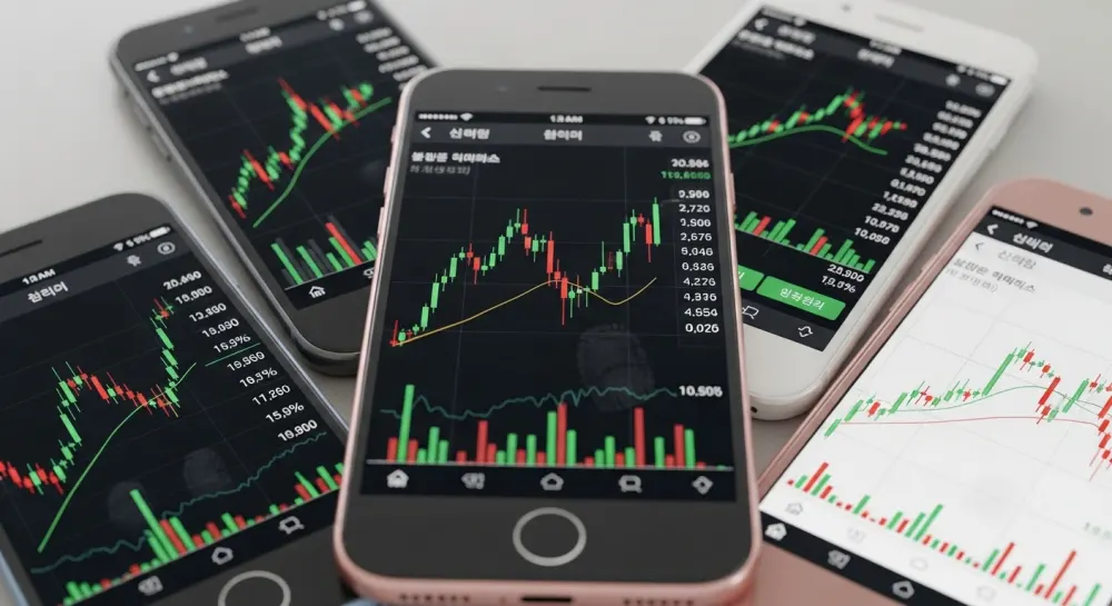 주식을 핸드폰을 이용하여 홈트레이딩을 하는 광경