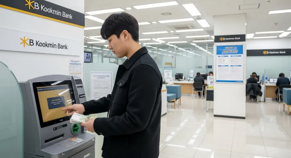 청년이 ATM기에서 현금을 인출하고 있음