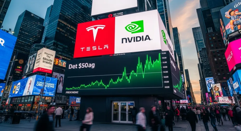 테슬라 엔비디아가 전광판에 있는 광경