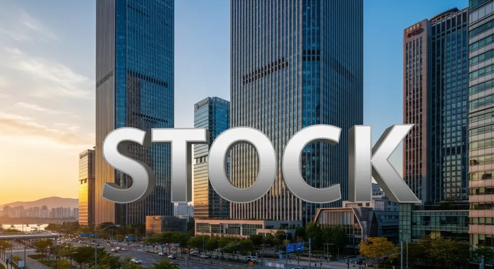 주식 이미지와 고층 빌딩의 모습이 어우러진 풍경
