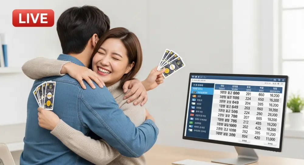 로또 당첨을 확인하고 기뻐함