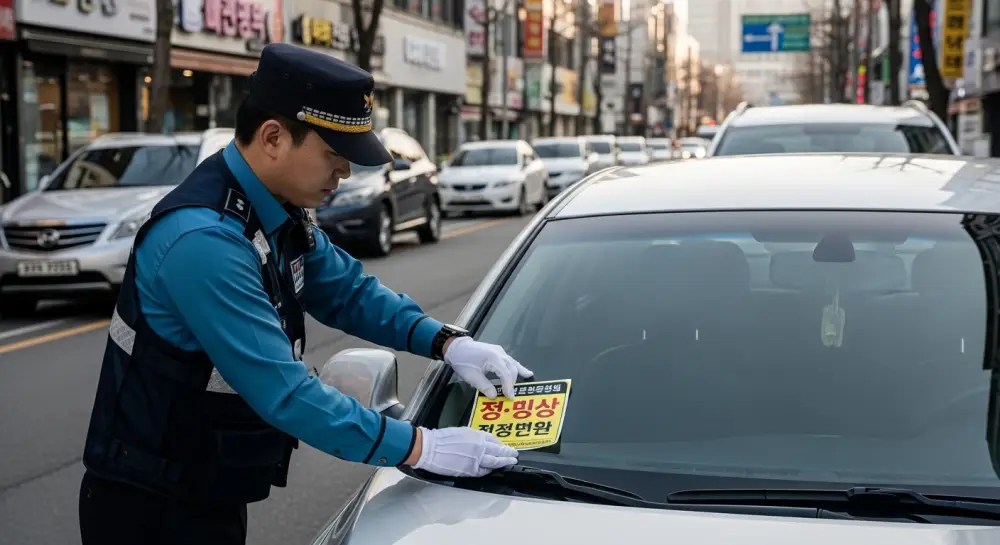 주정차 과태료 고지서를 부착하고 있음