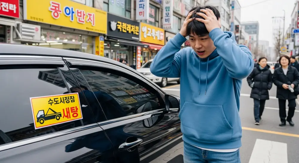 주정차 과태료 딱지가 부착되어 있는 모습을 보고 황당한 표정