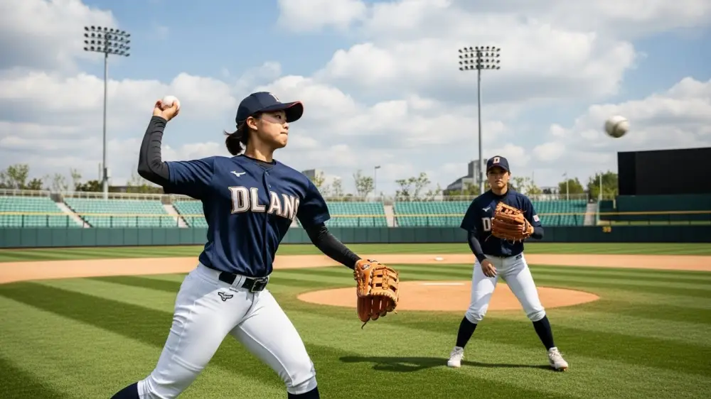 야구여왕의 에이스가 투구를 하고 있음