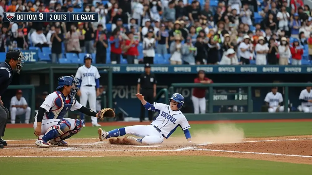 주자가 홈으로 슬라이딩 하는 중