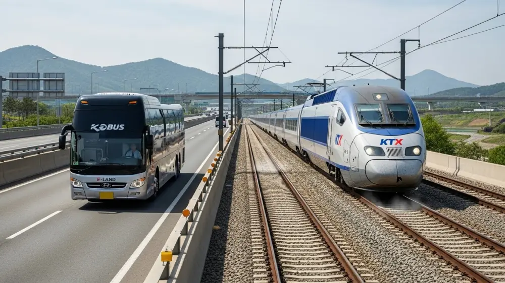 고속버스와 ktx가 나란히 달리고 있음